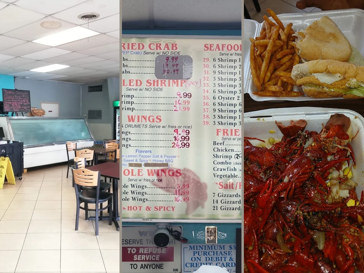 Counter service inside a quiet seafood spot.