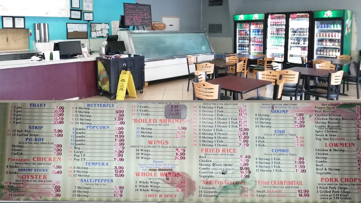 Seafood platters on a casual restaurant table.